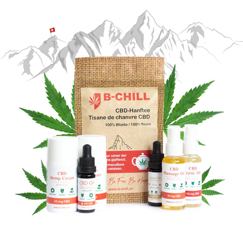 produits B-Chill CBD bien-être thé huiles crèmes